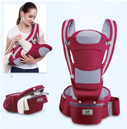 Baby waist stool carrier in blue with breathable mesh, adjustable waistband 71-110cm, cotton fabric