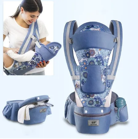 Baby waist stool carrier in blue with breathable mesh, adjustable waistband 71-110cm, cotton fabric