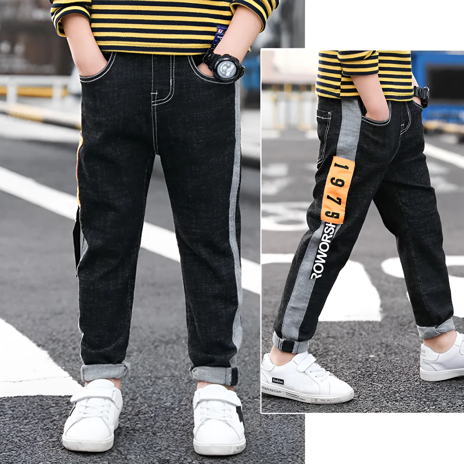 CUHK boys cotton straight casual trousers in dark blue with mid-waist fit suitable for heights 110 to 150 cm
