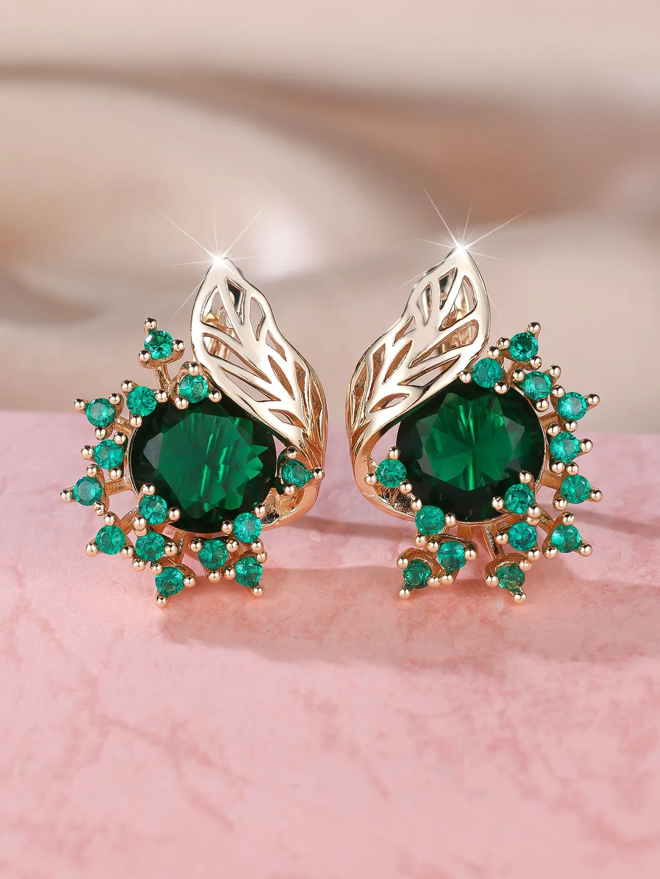Round flowers feather design zircon earrings in champagne gold with coloured gemstone options.