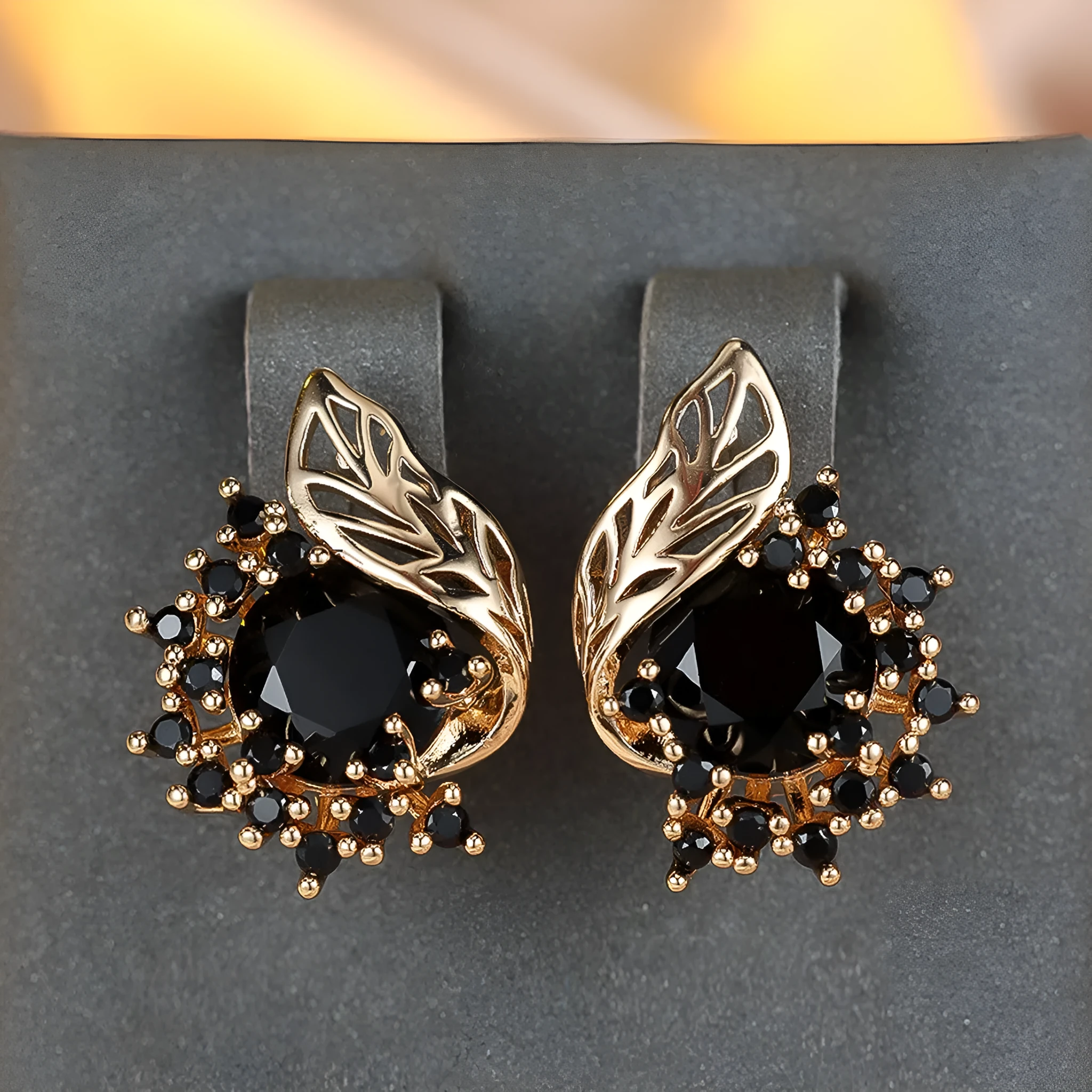 Round flowers feather design zircon earrings in champagne gold with coloured gemstone options.
