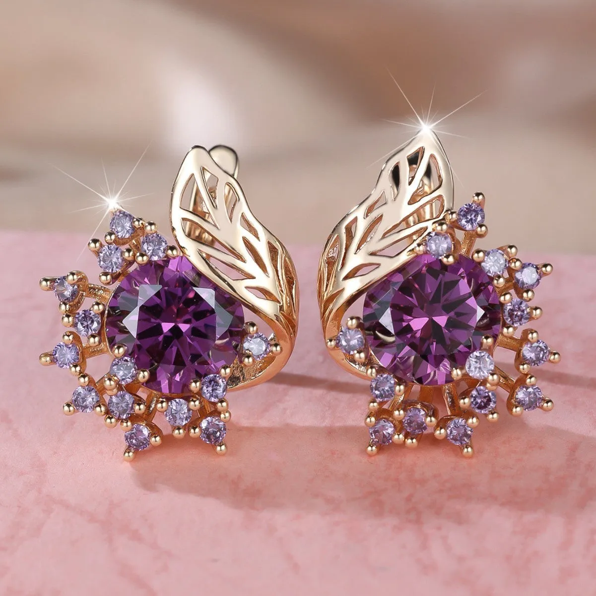 Round flowers feather design zircon earrings in champagne gold with coloured gemstone options.