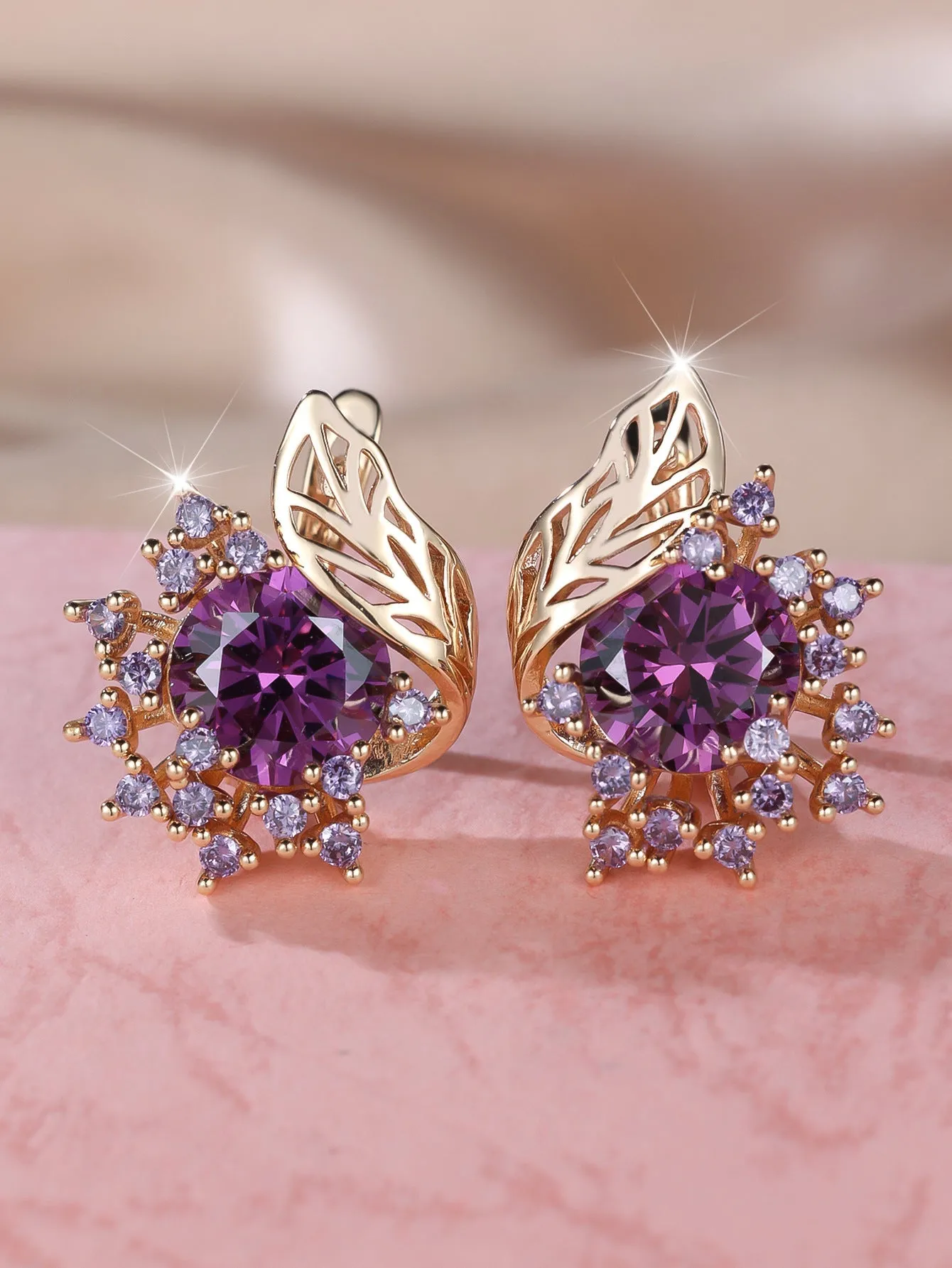 Round flowers feather design zircon earrings in champagne gold with coloured gemstone options.