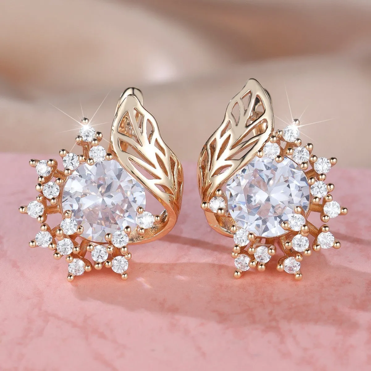 Round flowers feather design zircon earrings in champagne gold with coloured gemstone options.