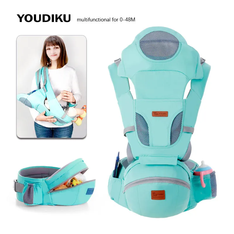 Ergonomic baby carrier 0-48 months with hipseat, front facing mode, polyester construction, 15kg capacity