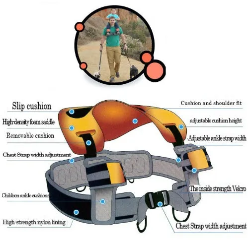 Hands-free shoulder carrier with cushioned hip seat and ankle straps in backpack style for toddler aged 2-5 years