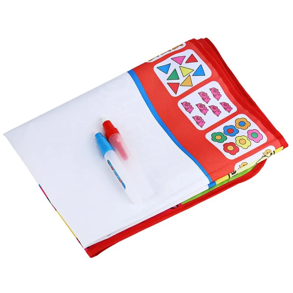 80x60cm children's water doodle drawing mat with two magic pens, showing a white drawing area with foggy letters and numbers around the edge