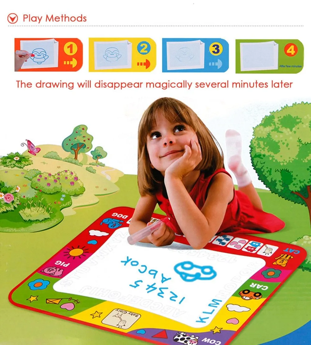 80x60cm children's water doodle drawing mat with two magic pens, showing a white drawing area with foggy letters and numbers around the edge