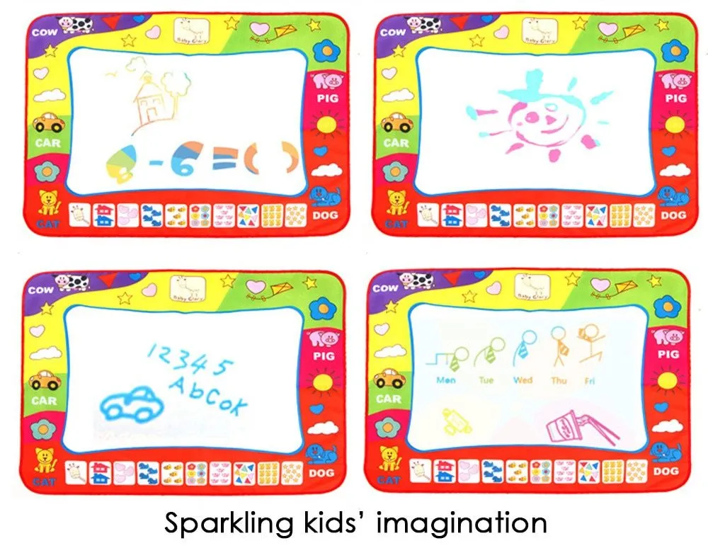 80x60cm children's water doodle drawing mat with two magic pens, showing a white drawing area with foggy letters and numbers around the edge