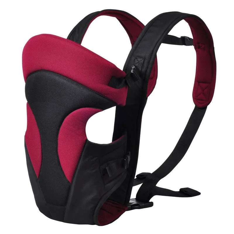 Multifunctional baby carrier in claret colour with shoulder strap and horizontal hug carry position