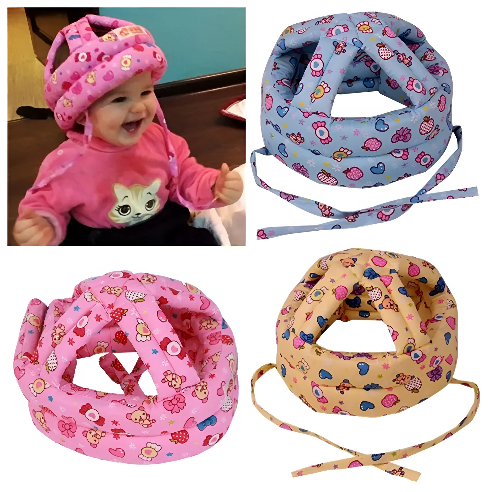 Baby anti collision hat with high-density sponge padding, adjustable headband, breathable cotton outer, colourful design