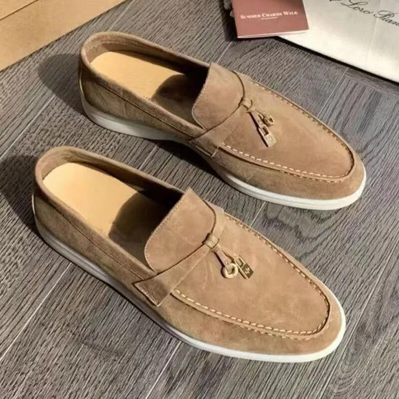 High top slip-on loafers with round toe cap and visible stitching on artificial PU upper