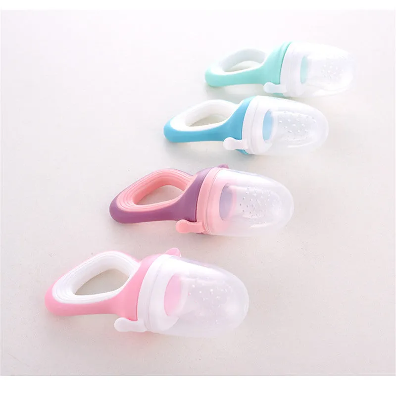 Baby Bite food grade silicone and PP teether set in blue, green, and pink with cartoon design, available in three sizes