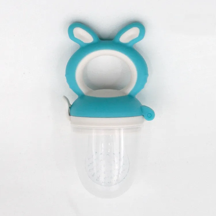 Baby Bite food grade silicone and PP teether set in blue, green, and pink with cartoon design, available in three sizes