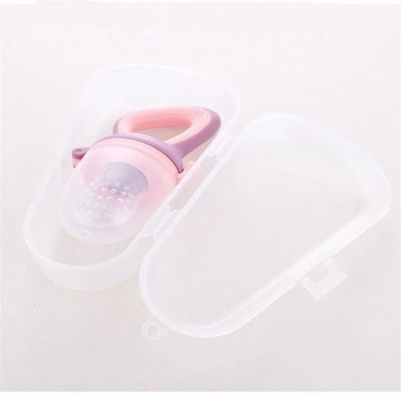 Baby Bite food grade silicone and PP teether set in blue, green, and pink with cartoon design, available in three sizes