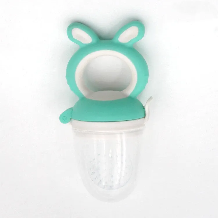 Baby Bite food grade silicone and PP teether set in blue, green, and pink with cartoon design, available in three sizes