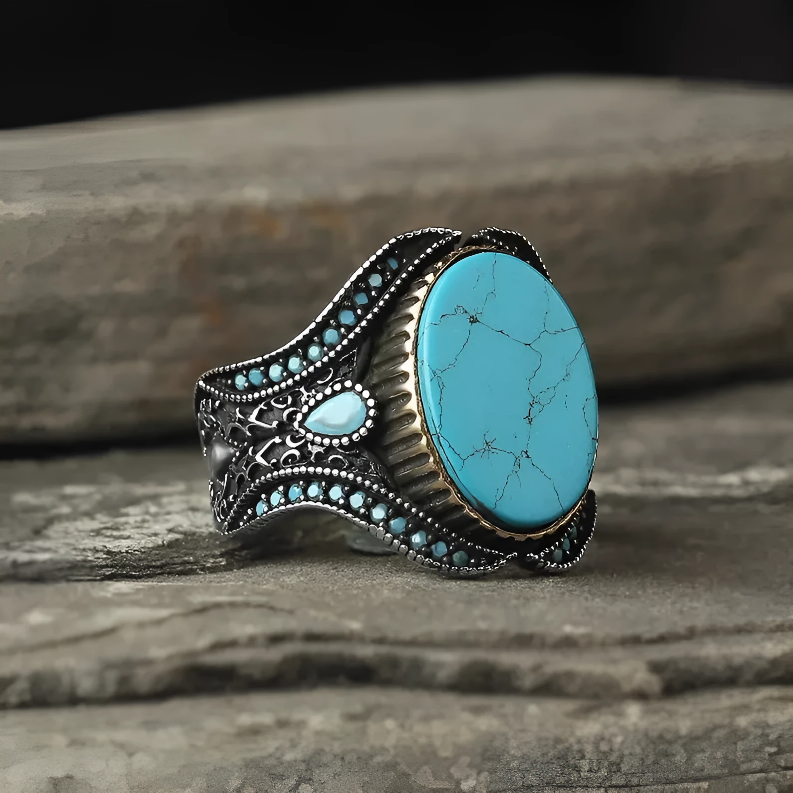 Men's antique silver alloy ring with turquoise stone in round band design