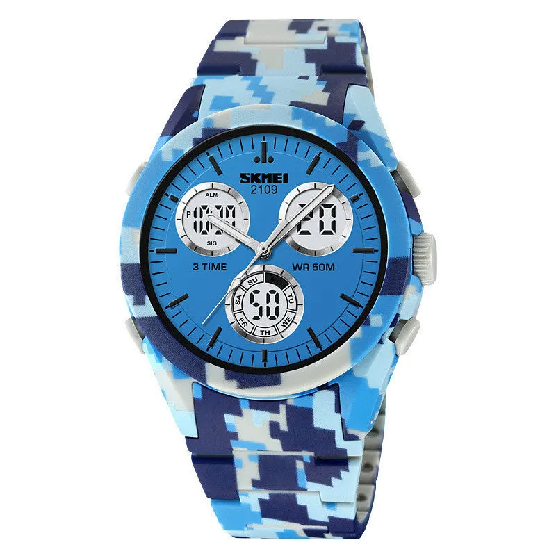 Unisex casual electronic watch with camouflage-pattern strap and 50m water resistance.