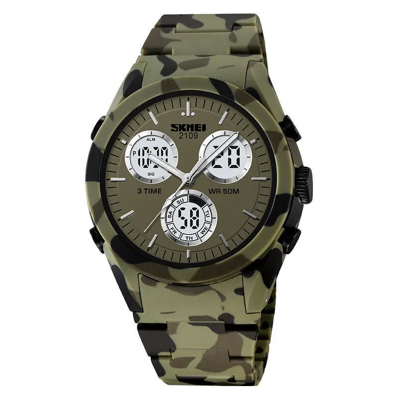 Unisex casual electronic watch with camouflage-pattern strap and 50m water resistance.