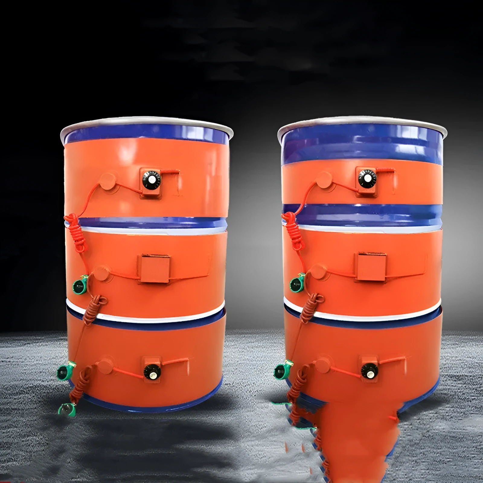 Silicone rubber heating belt wrapped around 200-litre oil drum with digital display control unit