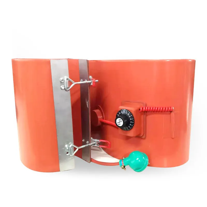 Silicone rubber heating belt wrapped around 200-litre oil drum with digital display control unit