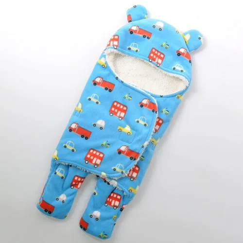 Newborn fleece blanket sleeping bag with cartoon pattern in pink colour, size 65x75cm for cot