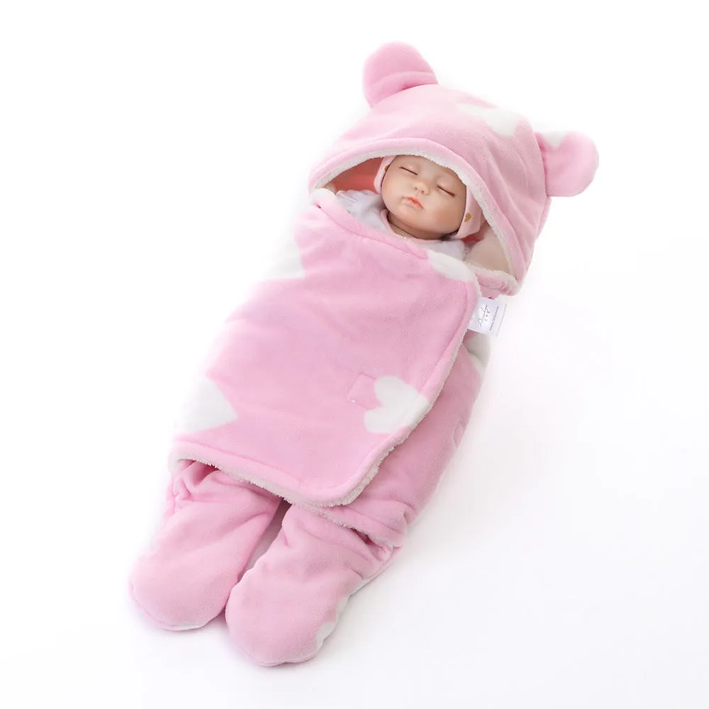 Newborn fleece blanket sleeping bag with cartoon pattern in pink colour, size 65x75cm for cot