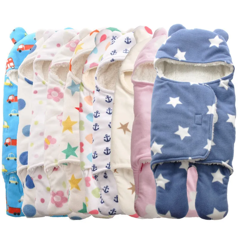 Newborn fleece blanket sleeping bag with cartoon pattern in pink colour, size 65x75cm for cot