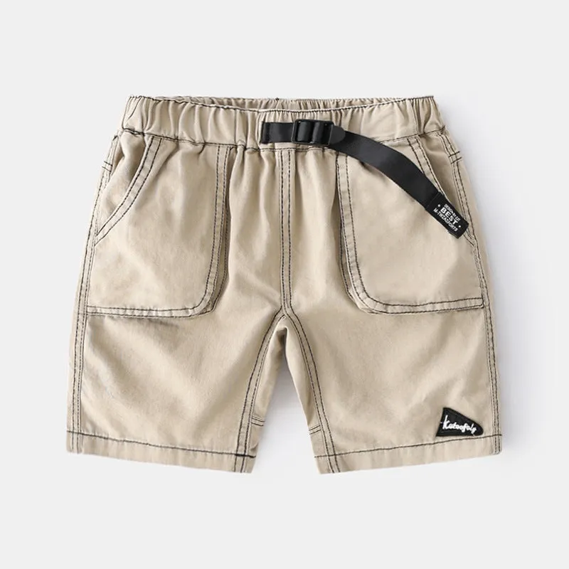 Children's breathable cotton summer shorts in khaki with elastic waist and letter detailing