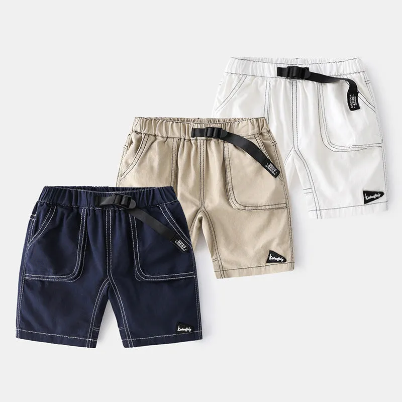 Children's breathable cotton summer shorts in khaki with elastic waist and letter detailing