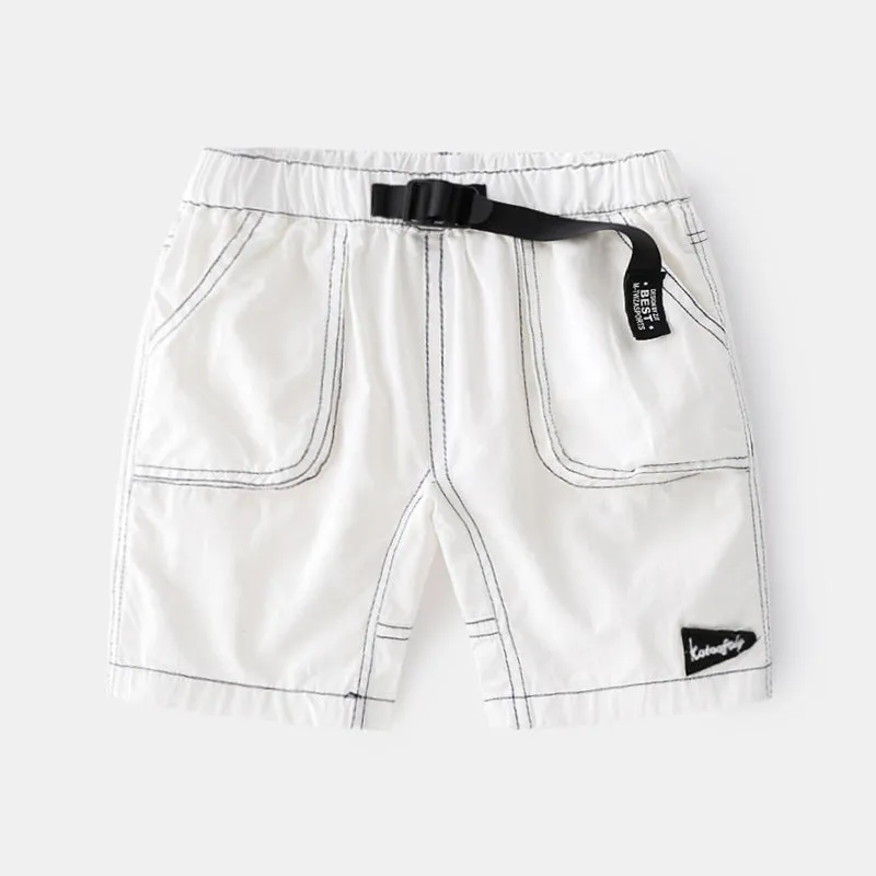 Children's breathable cotton summer shorts in khaki with elastic waist and letter detailing
