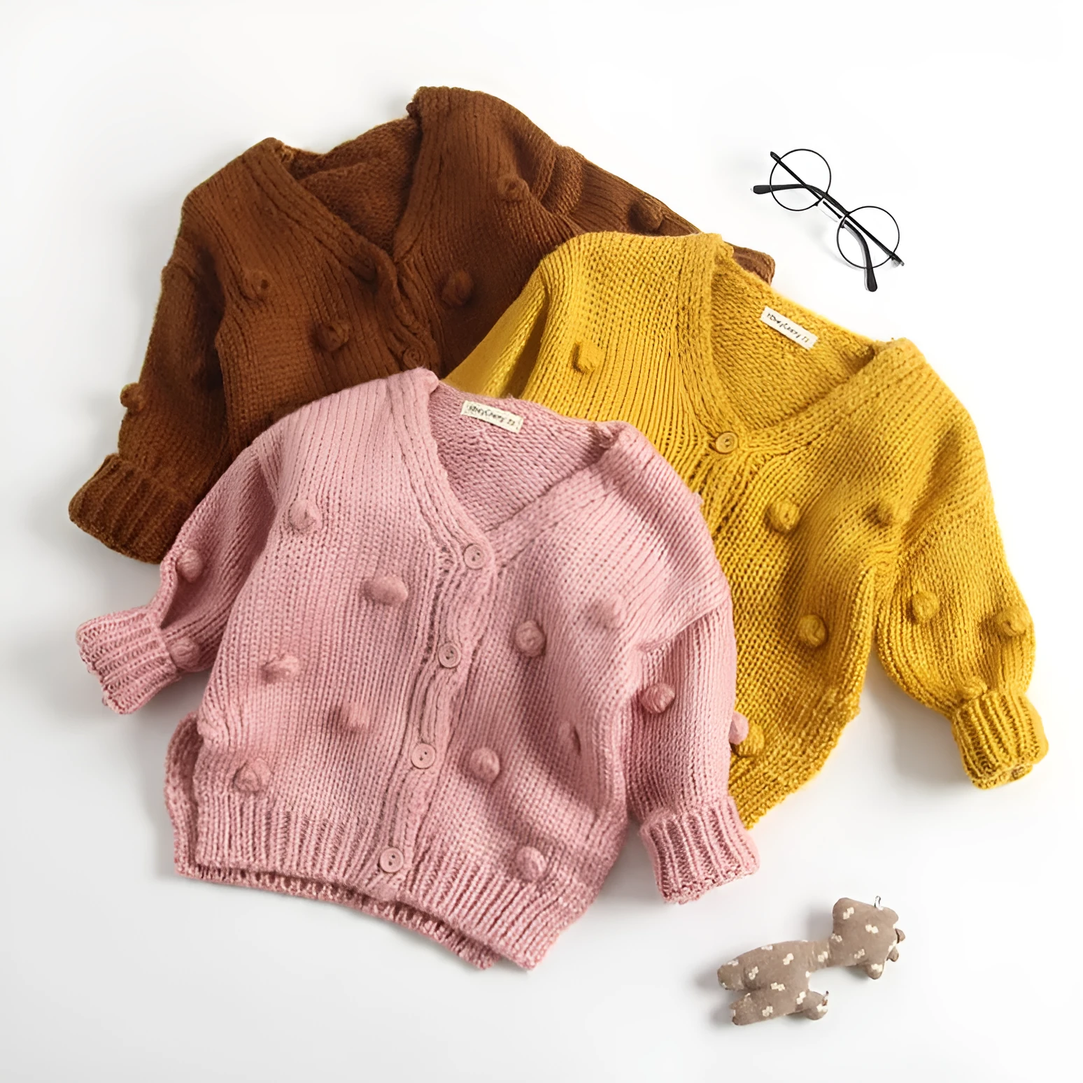 Baby girl sweater in brown, pink, and yellow knit pullover for toddlers 73-100cm