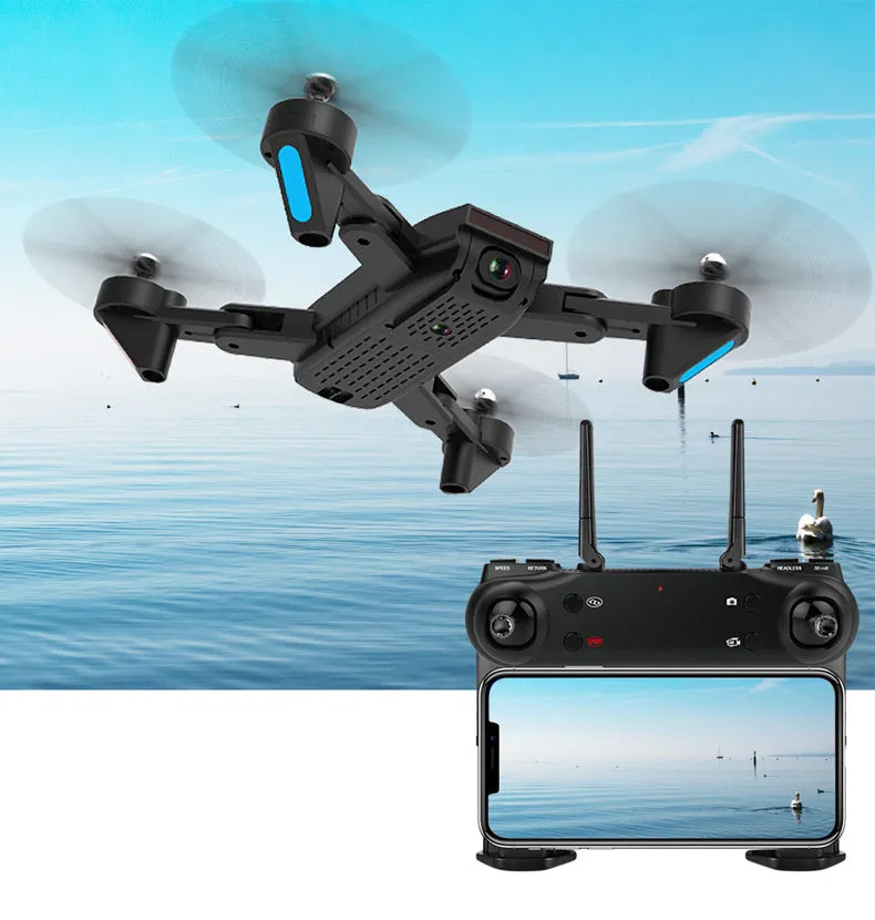 Quadrocopter drone with 4K optical flow dual camera in black, showing propellers and camera array