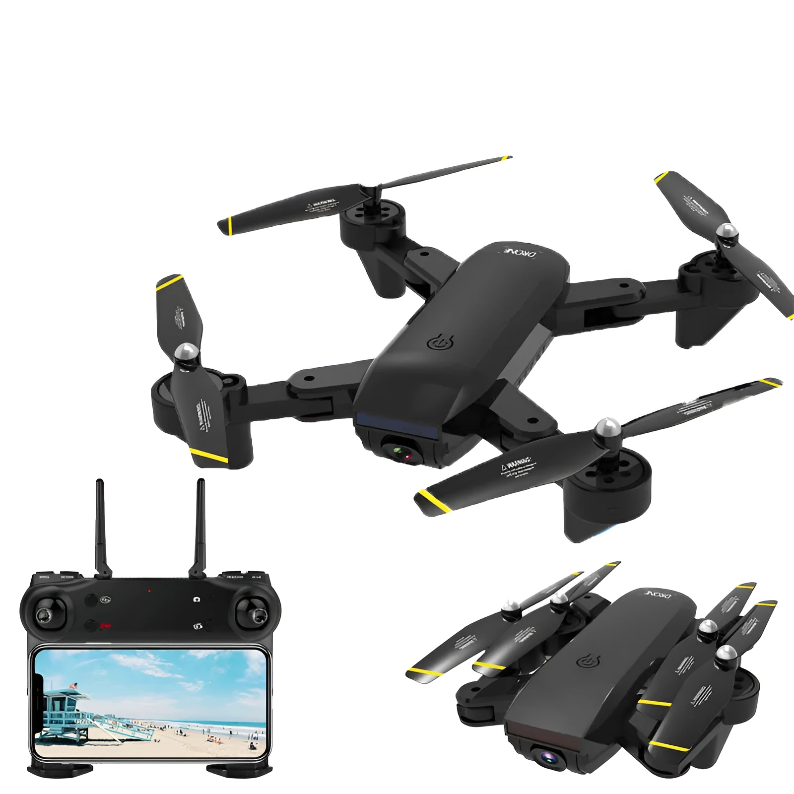 Quadrocopter drone with 4K optical flow dual camera in black, showing propellers and camera array