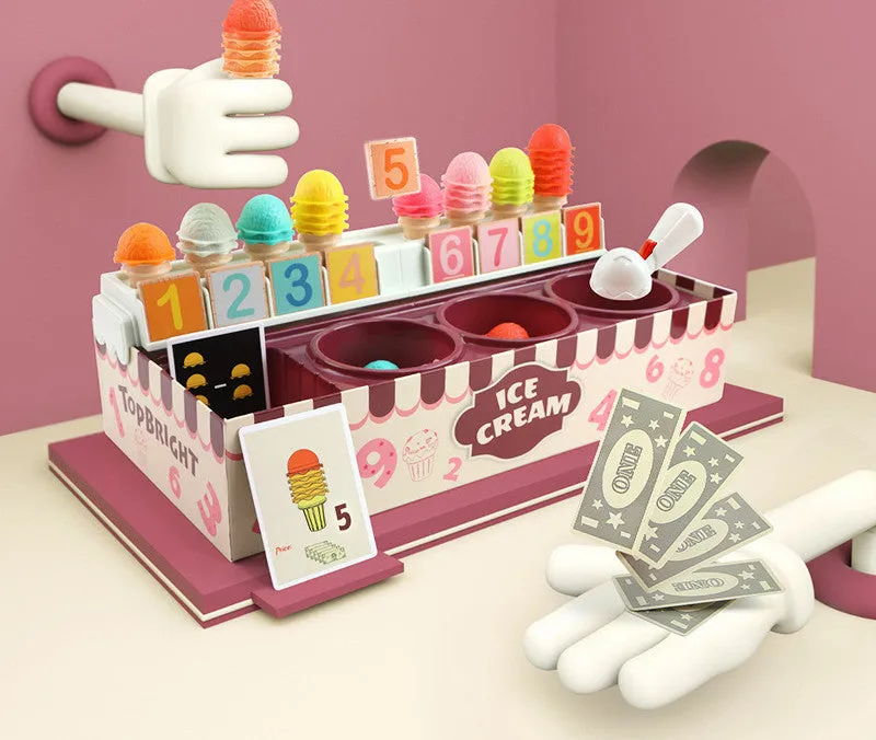 Ice cream math kitchen toy set with colourful wooden sign and plastic machine for children role play