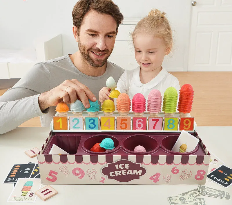 Ice cream math kitchen toy set with colourful wooden sign and plastic machine for children role play