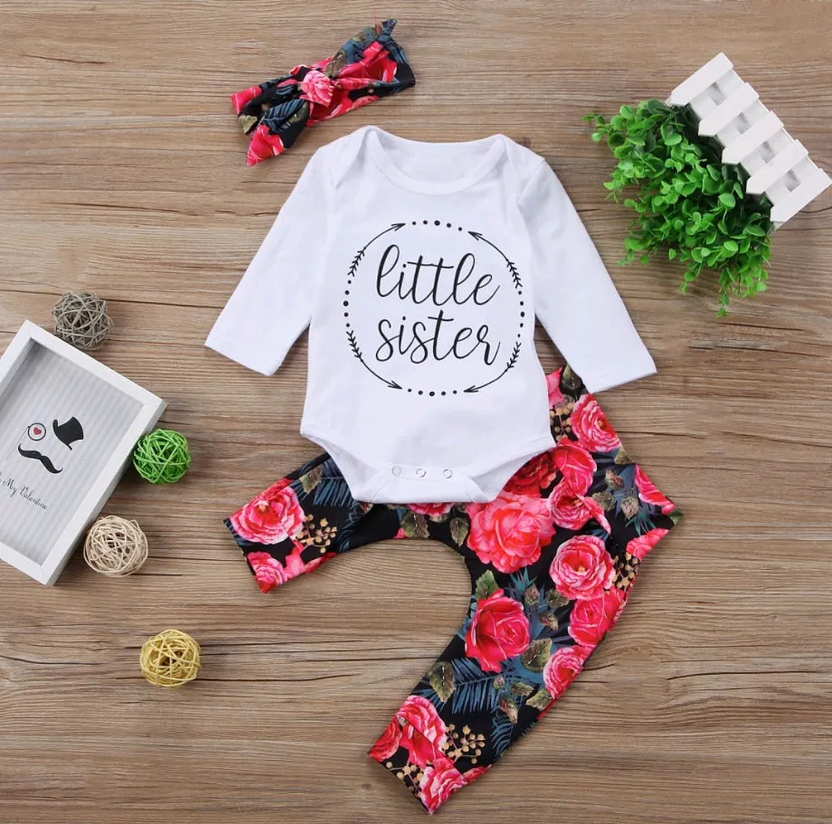 Girls autumn three-piece cotton suit with long sleeves, flower print top, and matching hair band