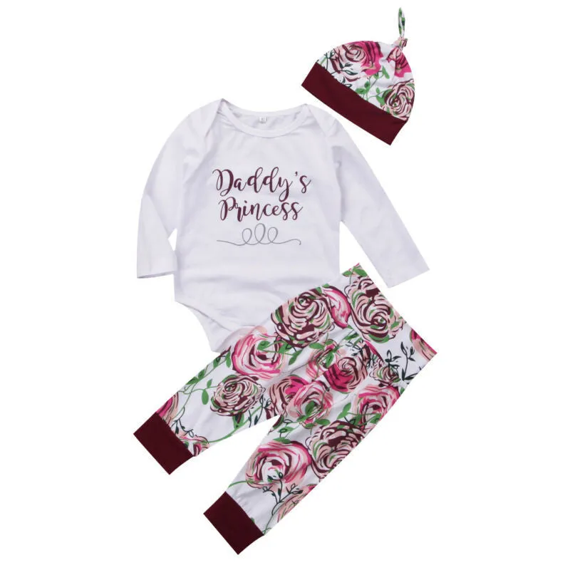Girls autumn three-piece cotton suit with long sleeves, flower print top, and matching hair band