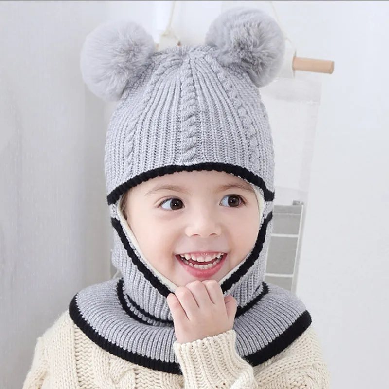 Baby winter scarf hat set in neutral monochrome wool with plus velvet lining for 2-5 year olds