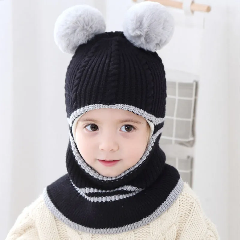 Baby winter scarf hat set in neutral monochrome wool with plus velvet lining for 2-5 year olds