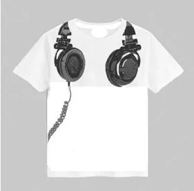Children's short-sleeved t-shirt with earplugs pattern in white, 90% cotton, round neck