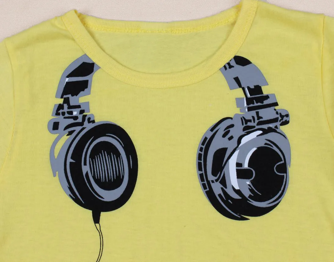 Children's short-sleeved t-shirt with earplugs pattern in white, 90% cotton, round neck