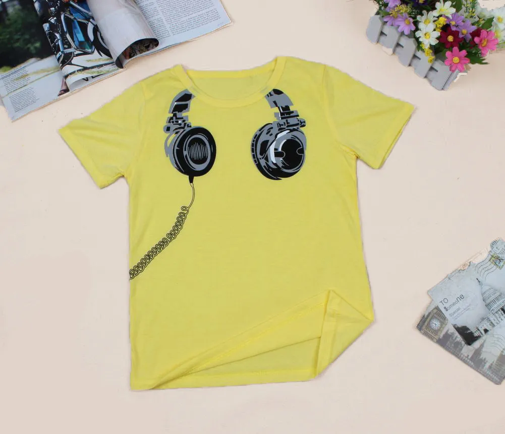 Children's short-sleeved t-shirt with earplugs pattern in white, 90% cotton, round neck