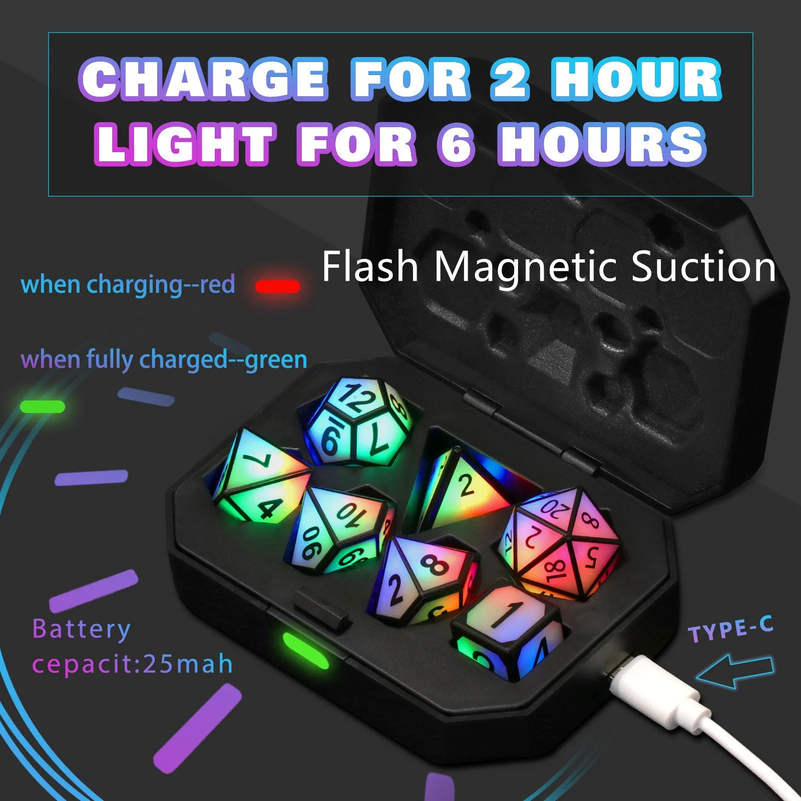 Charging luminous dice chip LED set with USB rechargeable, ABS plastic, 13x9x4cm, available in Colourful White Flash