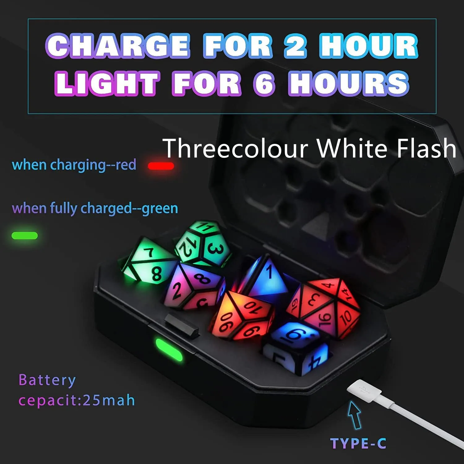 Charging luminous dice chip LED set with USB rechargeable, ABS plastic, 13x9x4cm, available in Colourful White Flash