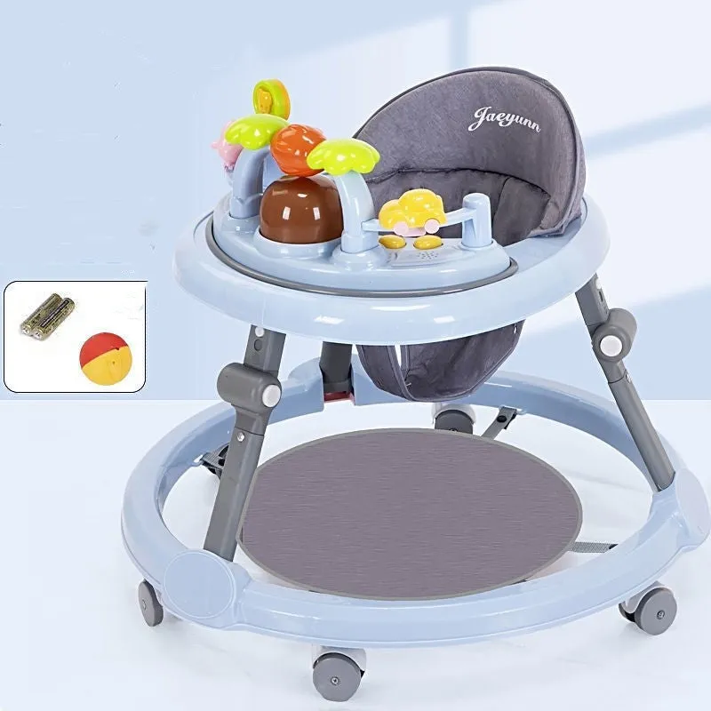 Multi-functional baby walker in pink with six-speed height adjustment, anti-rollover design, and toy music lighting on a white background