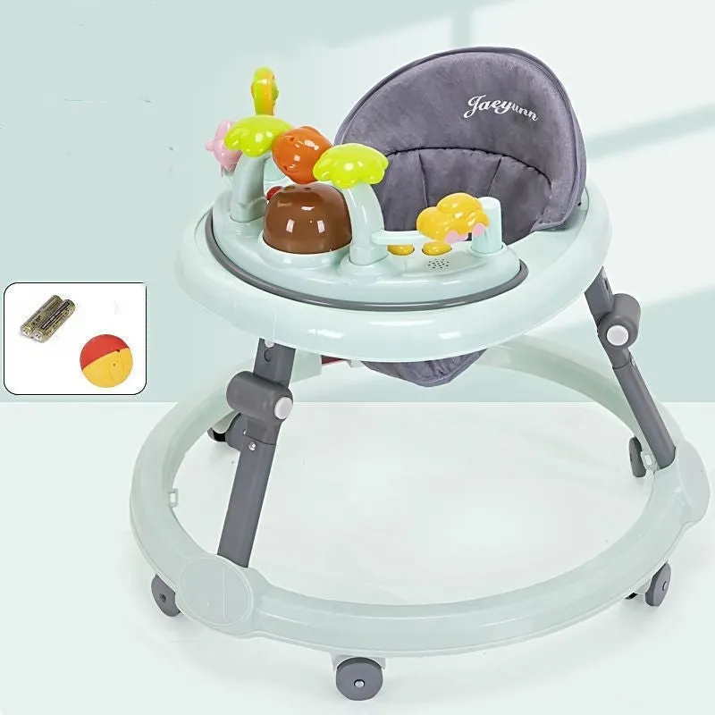 Multi-functional baby walker in pink with six-speed height adjustment, anti-rollover design, and toy music lighting on a white background