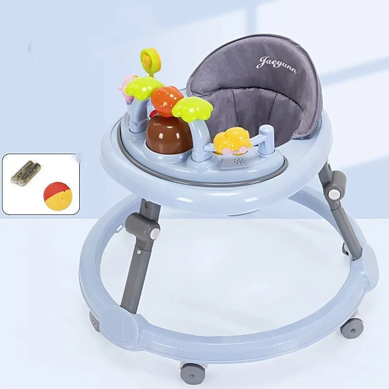 Multi-functional baby walker in pink with six-speed height adjustment, anti-rollover design, and toy music lighting on a white background