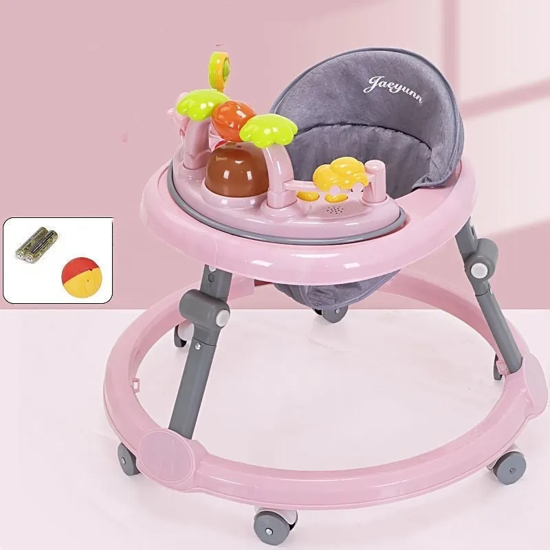 Multi-functional baby walker in pink with six-speed height adjustment, anti-rollover design, and toy music lighting on a white background