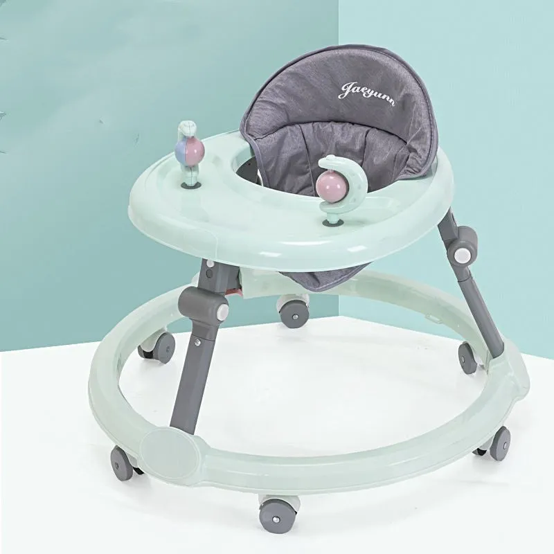 Multi-functional baby walker in pink with six-speed height adjustment, anti-rollover design, and toy music lighting on a white background